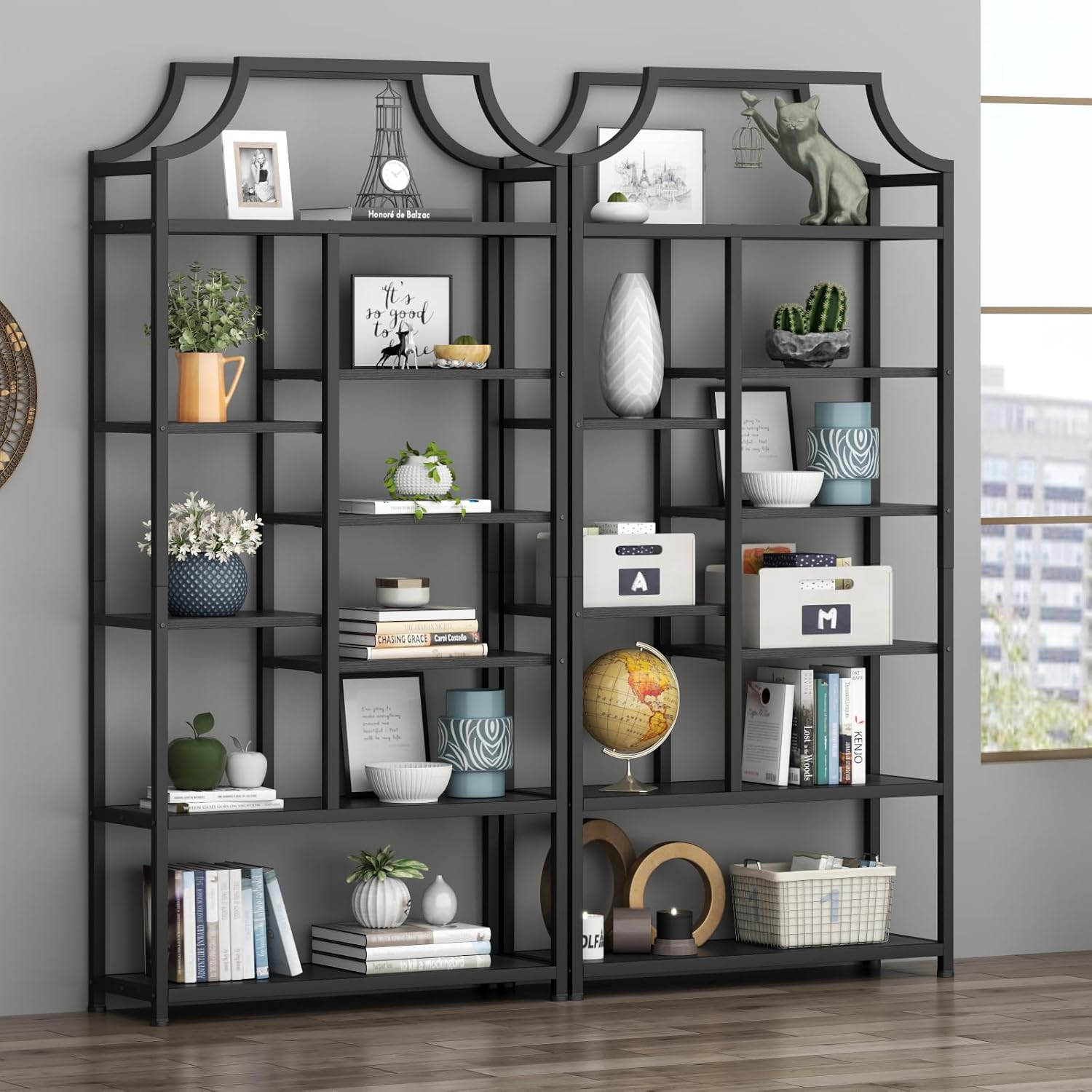8-Tier Open Shelf Bookcase, 70.87"H x 31.5"L Lux Etagere Bookshelf, Modern Display Shelf with Black Metal Frame & Shelves,Tall Storage Display for Bedroom, Home Office & Living Room (Black)