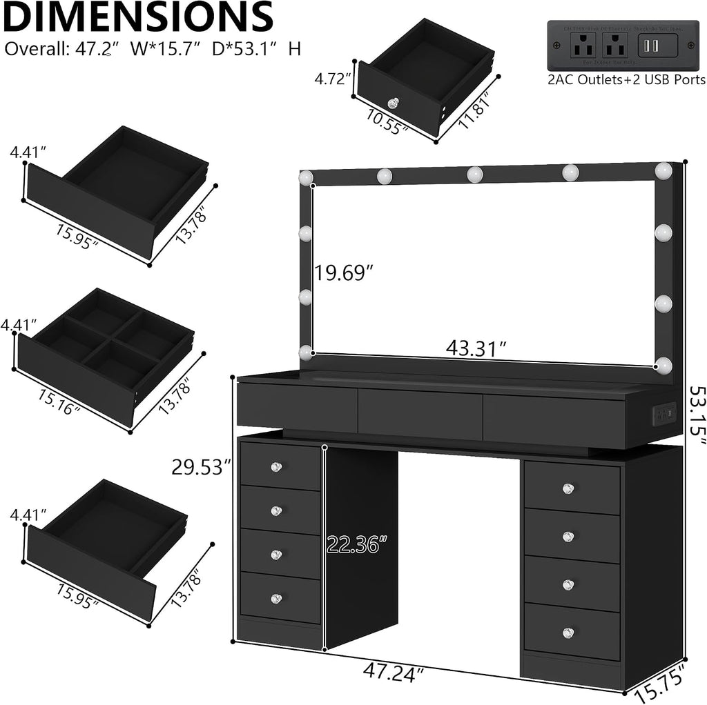 47" Vanity Desk with Lighted Mirror, Black Makeup Table with Glass Top