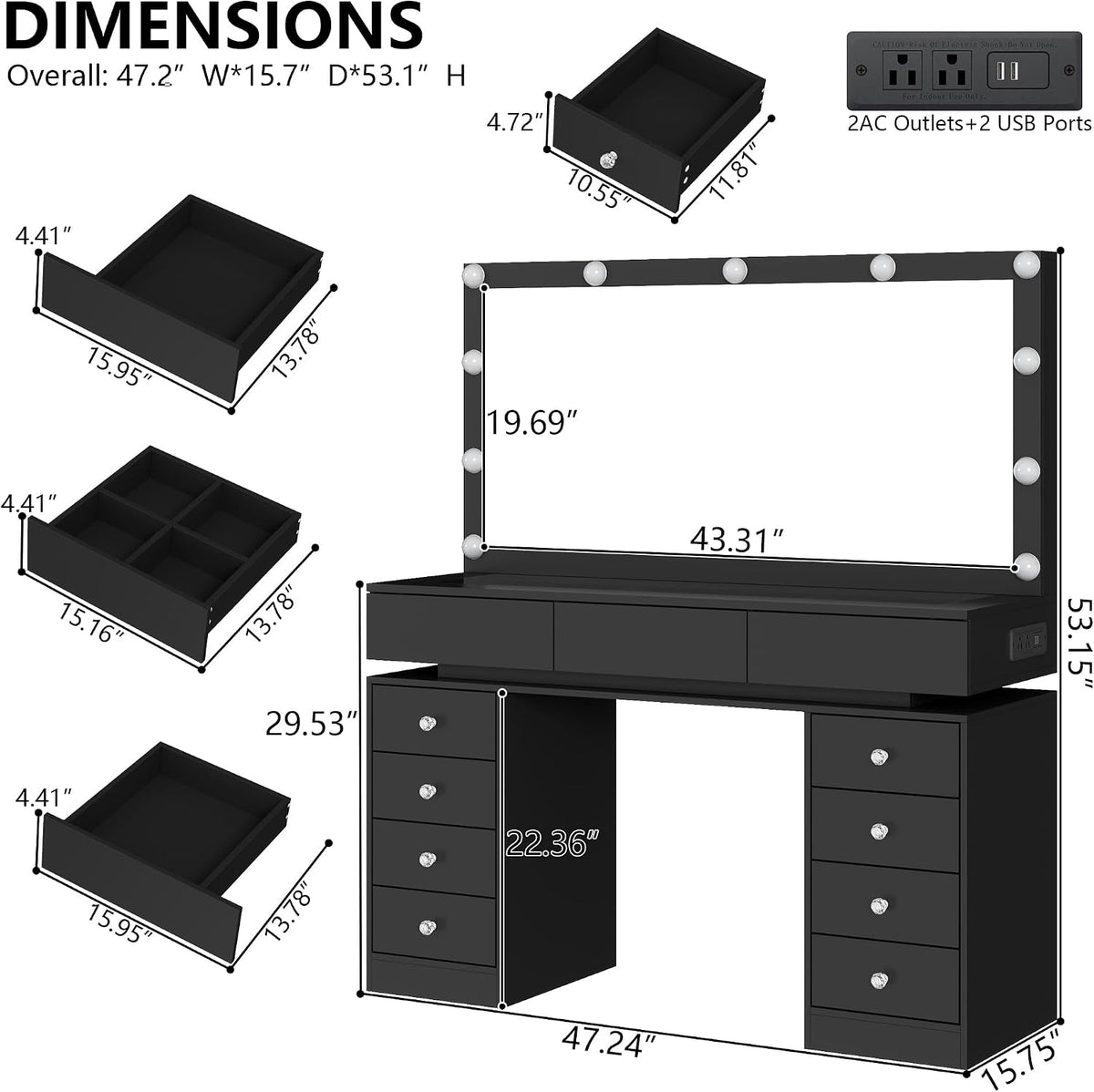 47" Vanity Desk with Lighted Mirror, Black Makeup Table with Glass Top