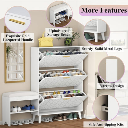 Shoe Storage Cabinet with 3 Flip Drawers, Shoe Cabinet with Bench & Open Shelf for Entryway, Freestanding Narrow Hidden Shoe Rack Organizer with Solid Wood Legs for Hallway (White)