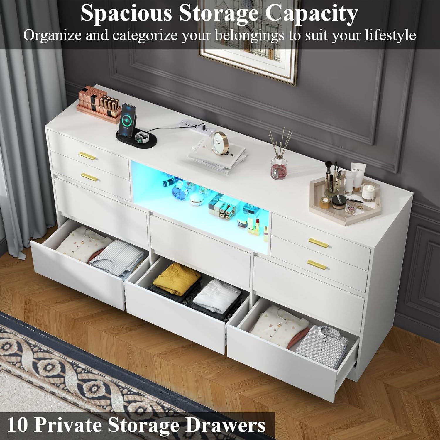 10 Drawers Dresser, LED Dressers & Chests of Drawers with Power Outlet, 58" Wide Long Dresser for Bedroom, Modern TV Stand with 1 Open Storage Cubbies (White)