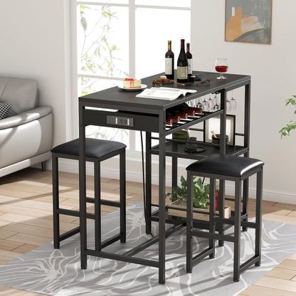 Bar Table and Chairs Set with Power Outlet, Pub Table and Chairs Set for 2 with 2 Storage Shelves, 3 Piece Table Set with Wine Rack&Glass Holder for Living Room,Dining Room,Small Apt (Black)