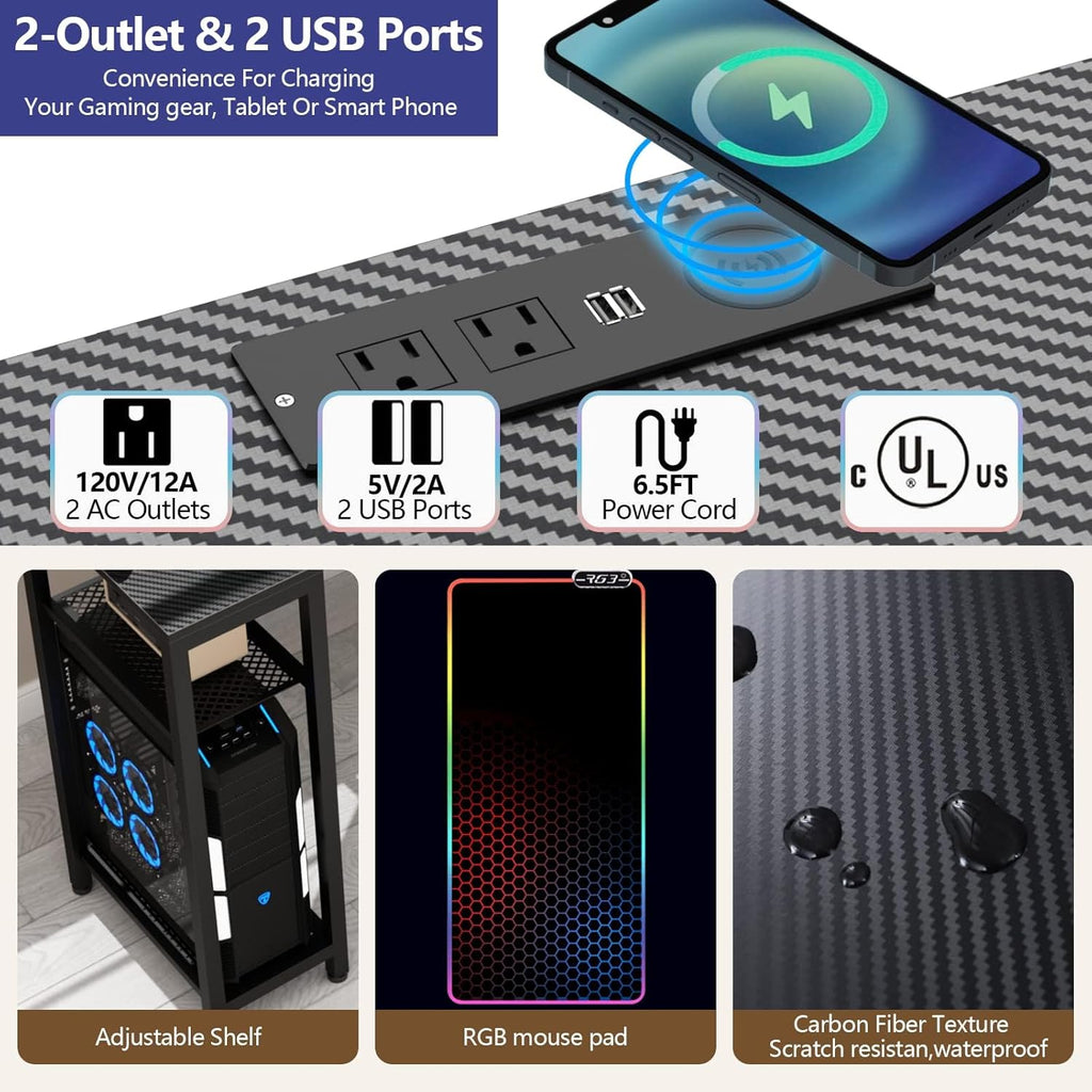 Gaming Desk with Power Outlets & LED Lights, 63" Wing-Shaped Computer Desk with Full Monitor Stand,Wireless Charging,Shelves,RGB Mouse Pad, Studio Desk Corner Desk with Headphone Hook (Black)