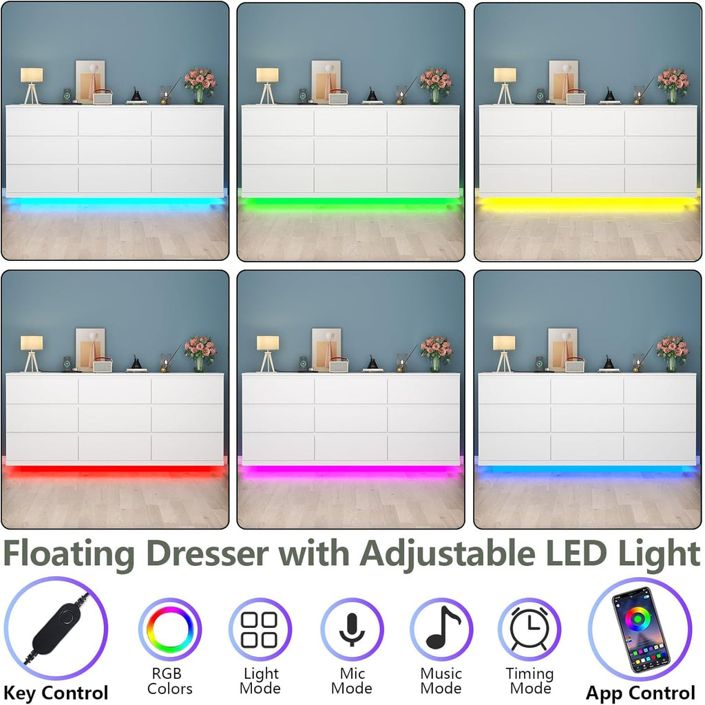 9 Drawer Dresser with Power Outlet and LED Lighting, Floating White Dresser Chest of Drawers, The Modern Organizer for Bedroom & Living Room (White)