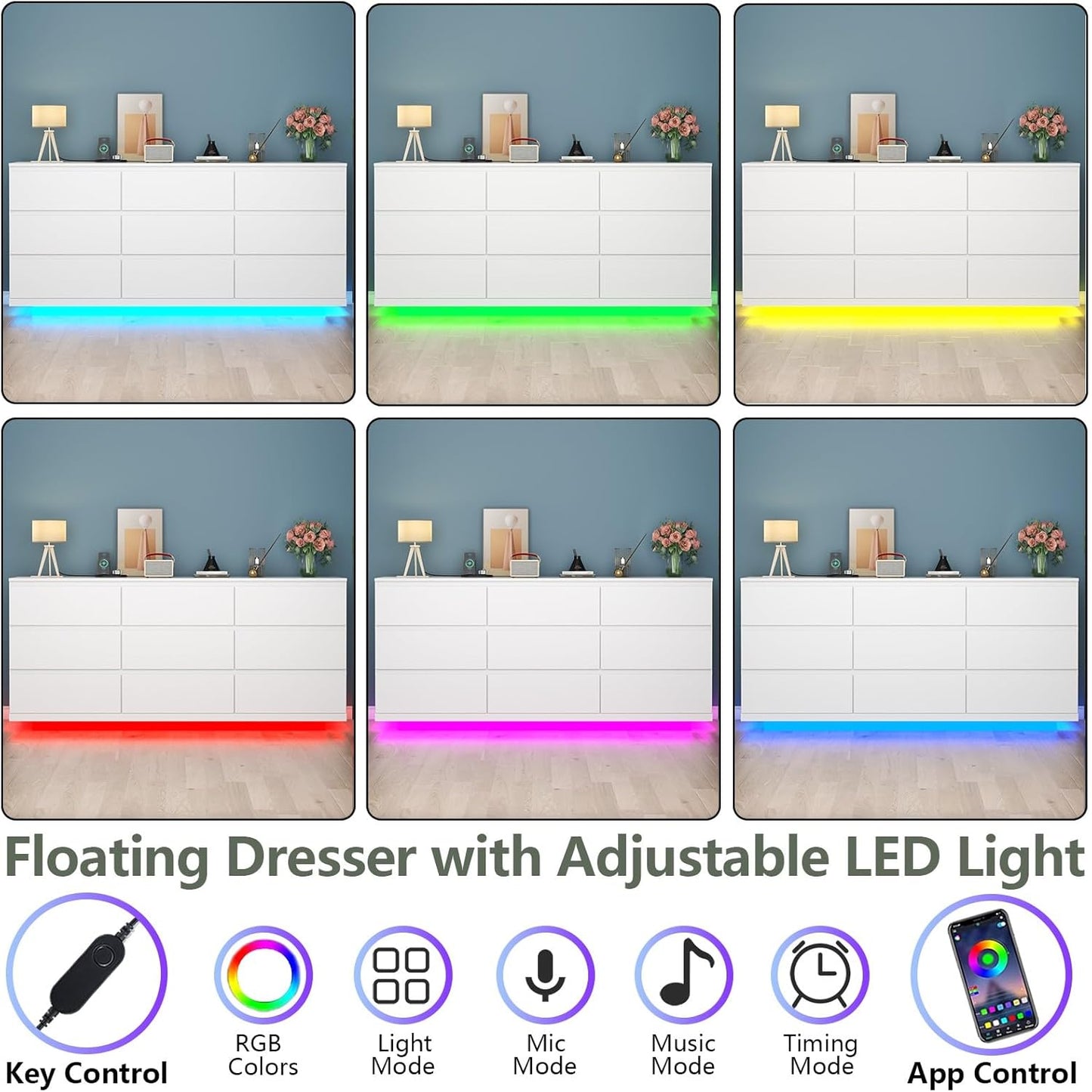 9 Drawer Dresser with Power Outlet and LED Lighting, Floating White Dresser Chest of Drawers, The Modern Organizer for Bedroom & Living Room (White)