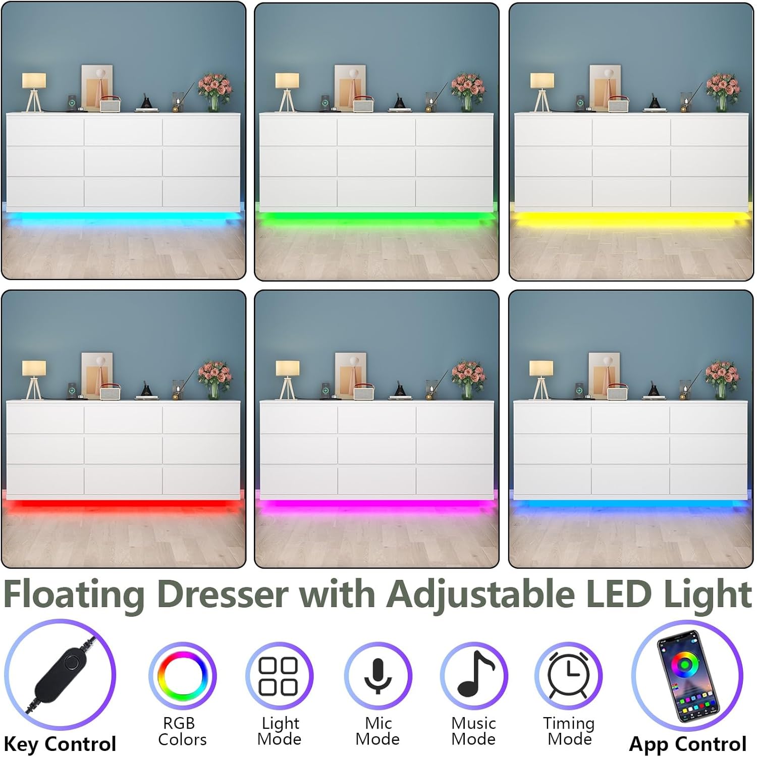 9 Drawer Dresser with Power Outlet and LED Lighting, Floating White Dresser Chest of Drawers, The Modern Organizer for Bedroom & Living Room (White)