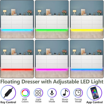 9 Drawer Dresser with Power Outlet and LED Lighting, Floating White Dresser Chest of Drawers, The Modern Organizer for Bedroom & Living Room (White)