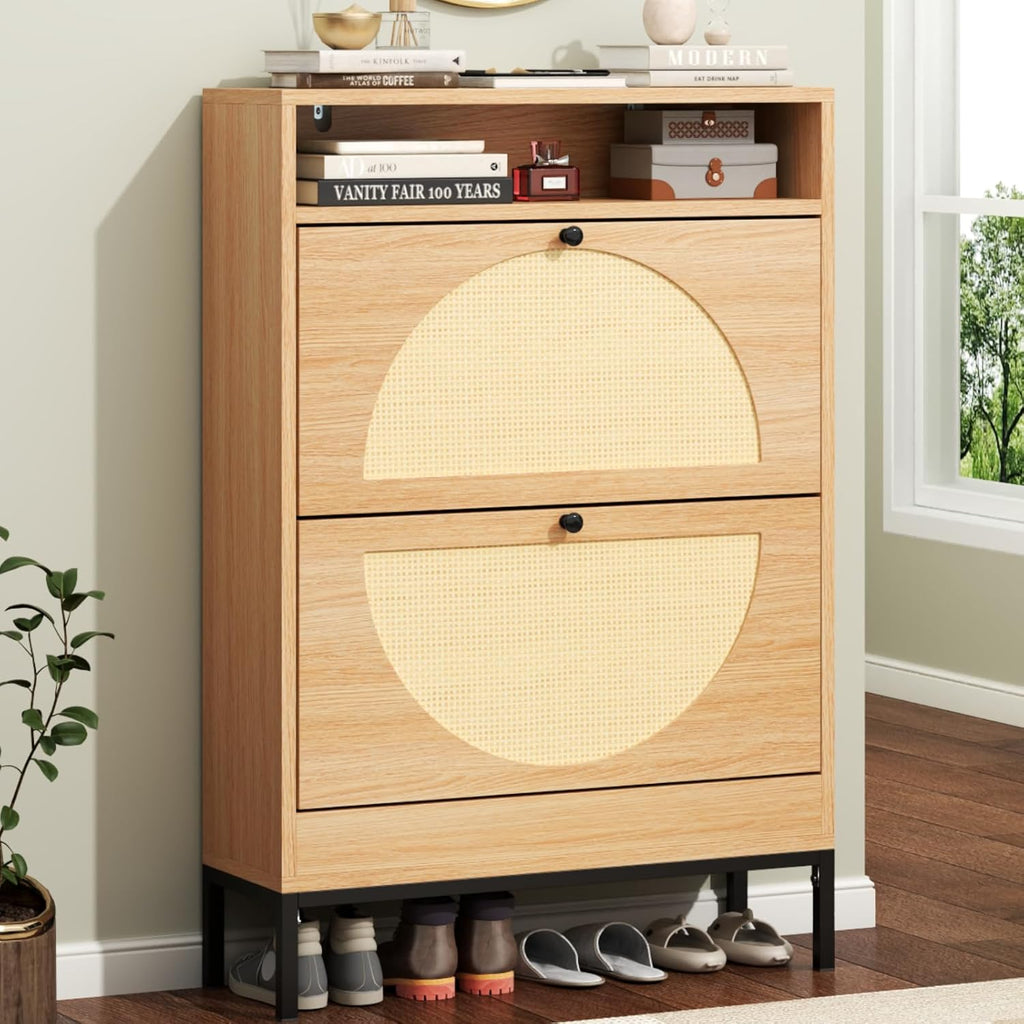 Rattan Shoe Cabinet with 2 Flip Drawers, Free Standing Narrow Shoe Storage Organizer with Top Cubby, Slim Shoe Rack Cabinet for Entryway, Natural (Natural)