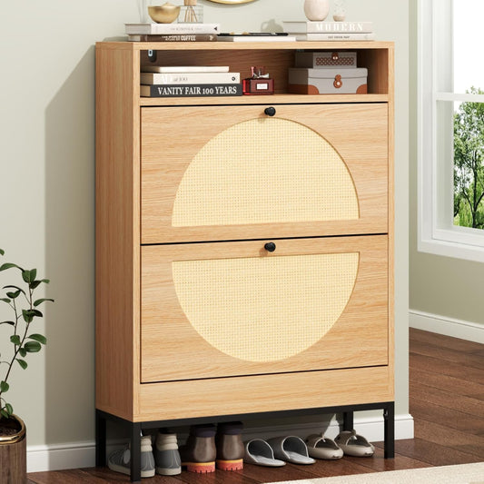 Rattan Shoe Cabinet with 2 Flip Drawers, Free Standing Narrow Shoe Storage Organizer with Top Cubby, Slim Shoe Rack Cabinet for Entryway, Natural (Natural)