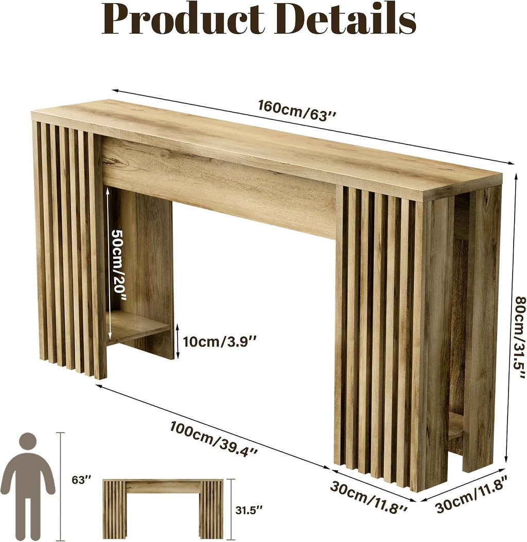 63" Fluted Long Console Table, Farmhouse Entryway Table with Storage Shelf
