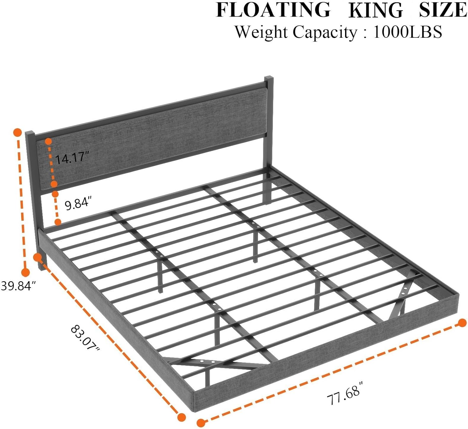 King Floating Bed Frame with LED Light, Modern Upholstered Platform Bed Frame with Double Beams, No Box Spring Needed, Innovative Stable Structure, Easy Assemble (Grey, King (U.S. Standard))