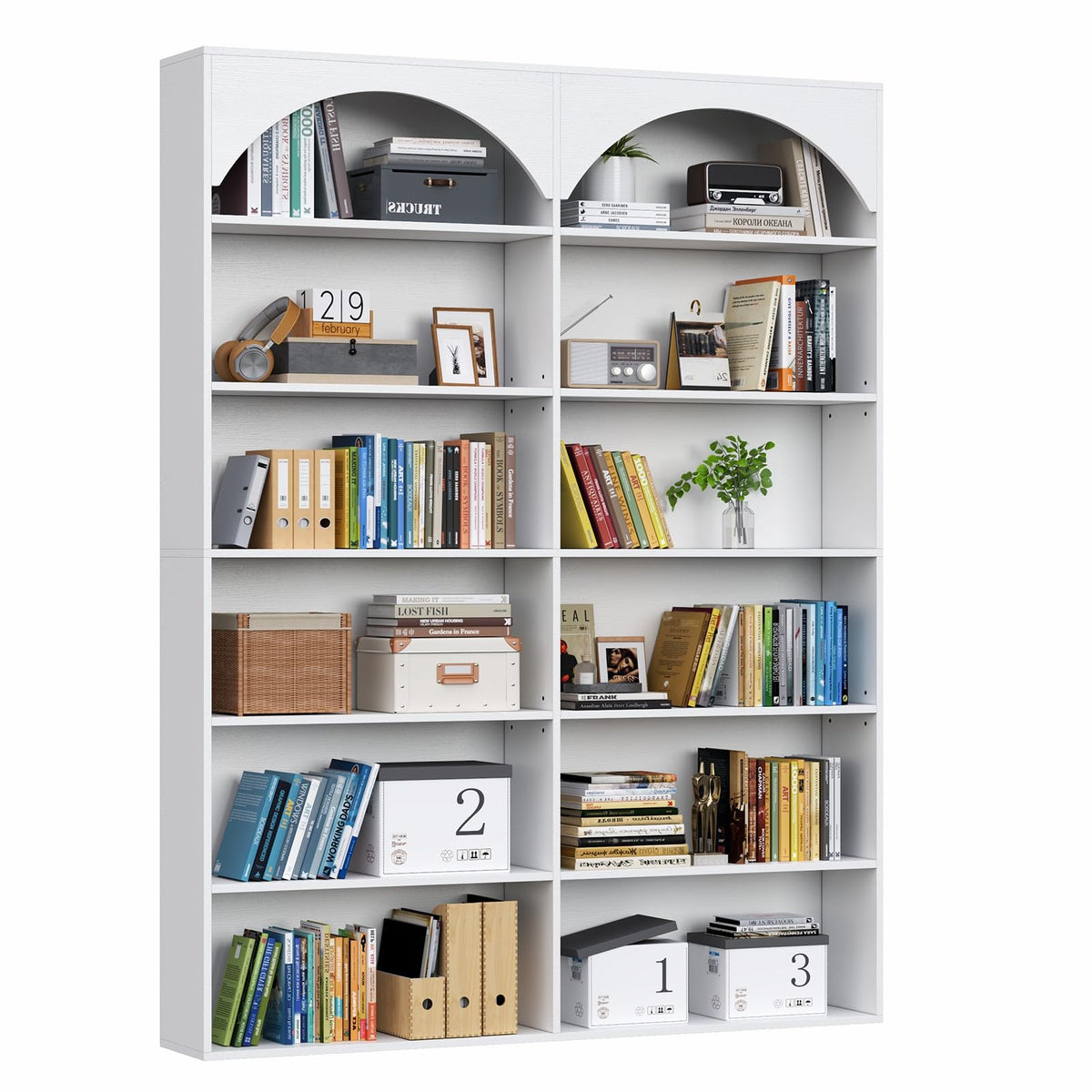 Gyfimoie 71’’ Triple Wide Bookshelf and Bookcase, 7-Tier Tall Arched Bookcase Modern Large Open Display Shelves with Curved Baffle for Home Office Living Room (Black, 71‘’H x 59''W x 9.25''D)