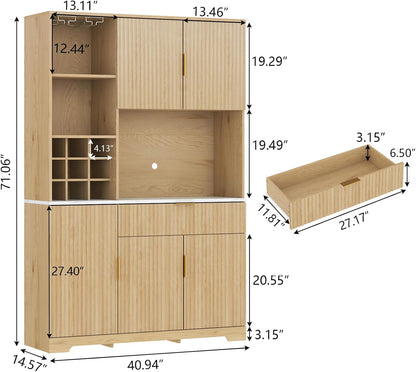 Loomie 72” Tall Kitchen Pantry Cabinet, Fluted Storage Cabinet with Microwave Stand, Wine Bar Cabinet with Storage Hutch, Buffet Sideboard with Drawer & Wine Rack for Dining Room, Natural (Natural)