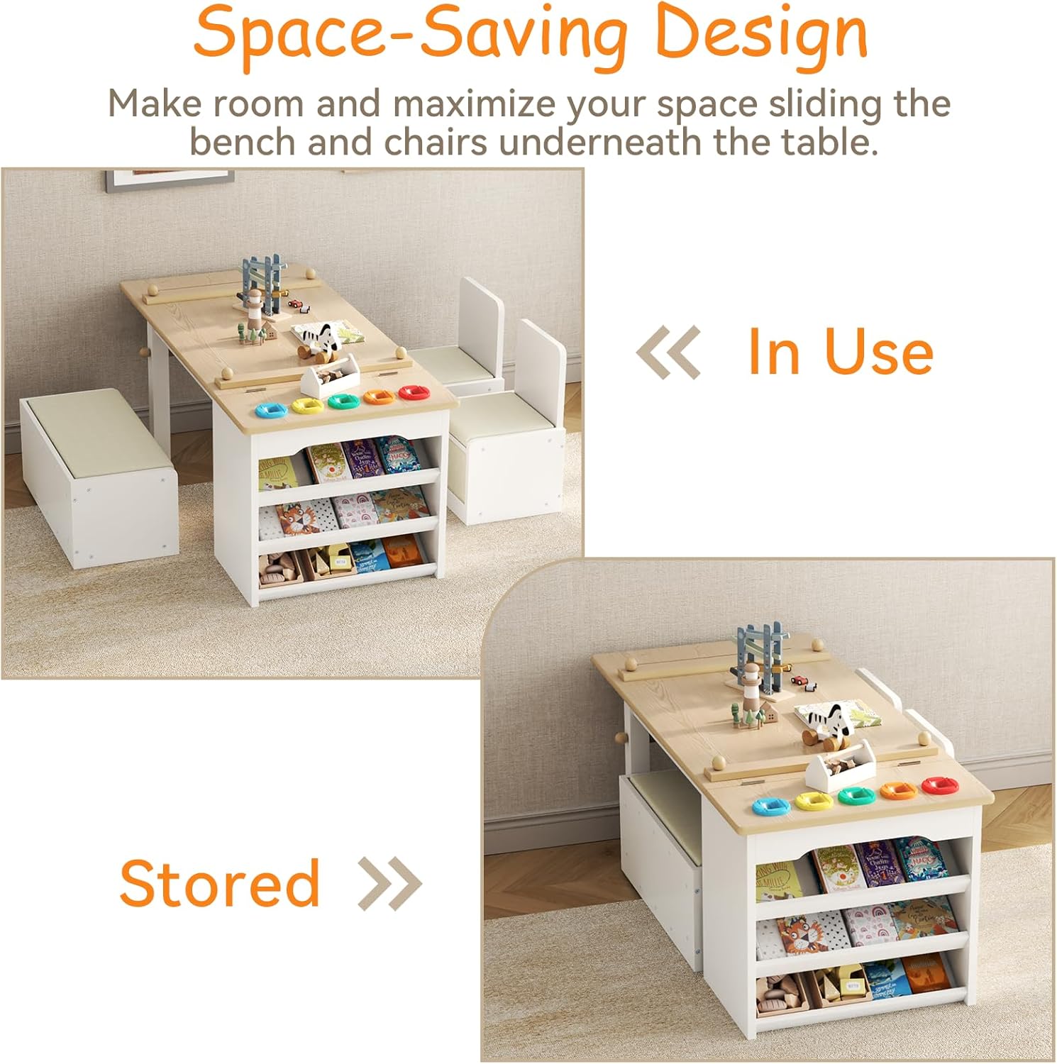 3 in 1 Kids Art Table and Chair Set, Art Desk & Easel w/ Storage Shelves, Drawers, Paint Cups, Paper Roll, Toddler Table and Chair Set w/ Bench & 2 Chairs for Draw, Write, Play, Crafts (Light Walnut)