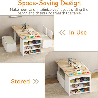 3 in 1 Kids Art Table and Chair Set, Art Desk & Easel w/ Storage Shelves, Drawers, Paint Cups, Paper Roll, Toddler Table and Chair Set w/ Bench & 2 Chairs for Draw, Write, Play, Crafts (Light Walnut)