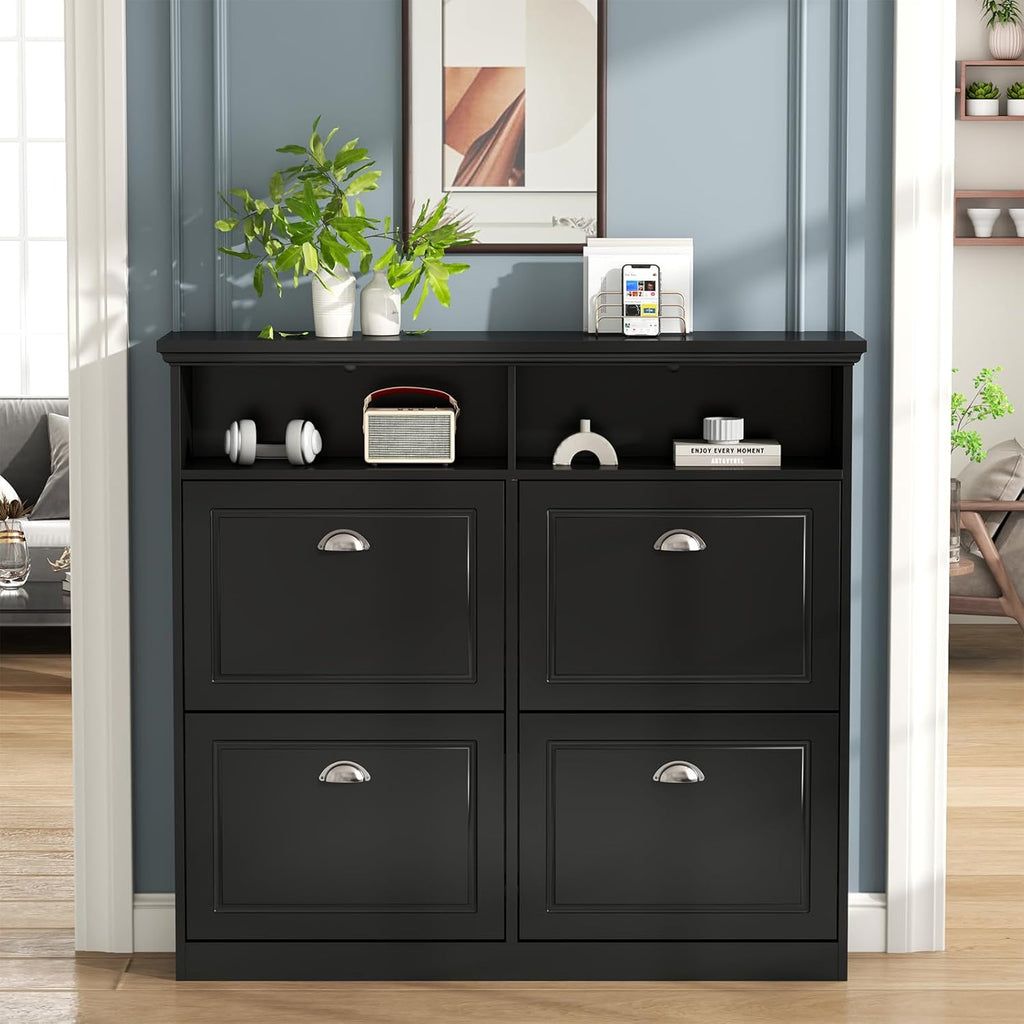 Shoe Cabinet with 4 Flip Drawers, Shoe Storage Cabinet for Entryway, Freestanding Hidden Shoe Cabinet Organizer with Open Storage, Slim Narrow Shoe Rack Cabinet (Black)
