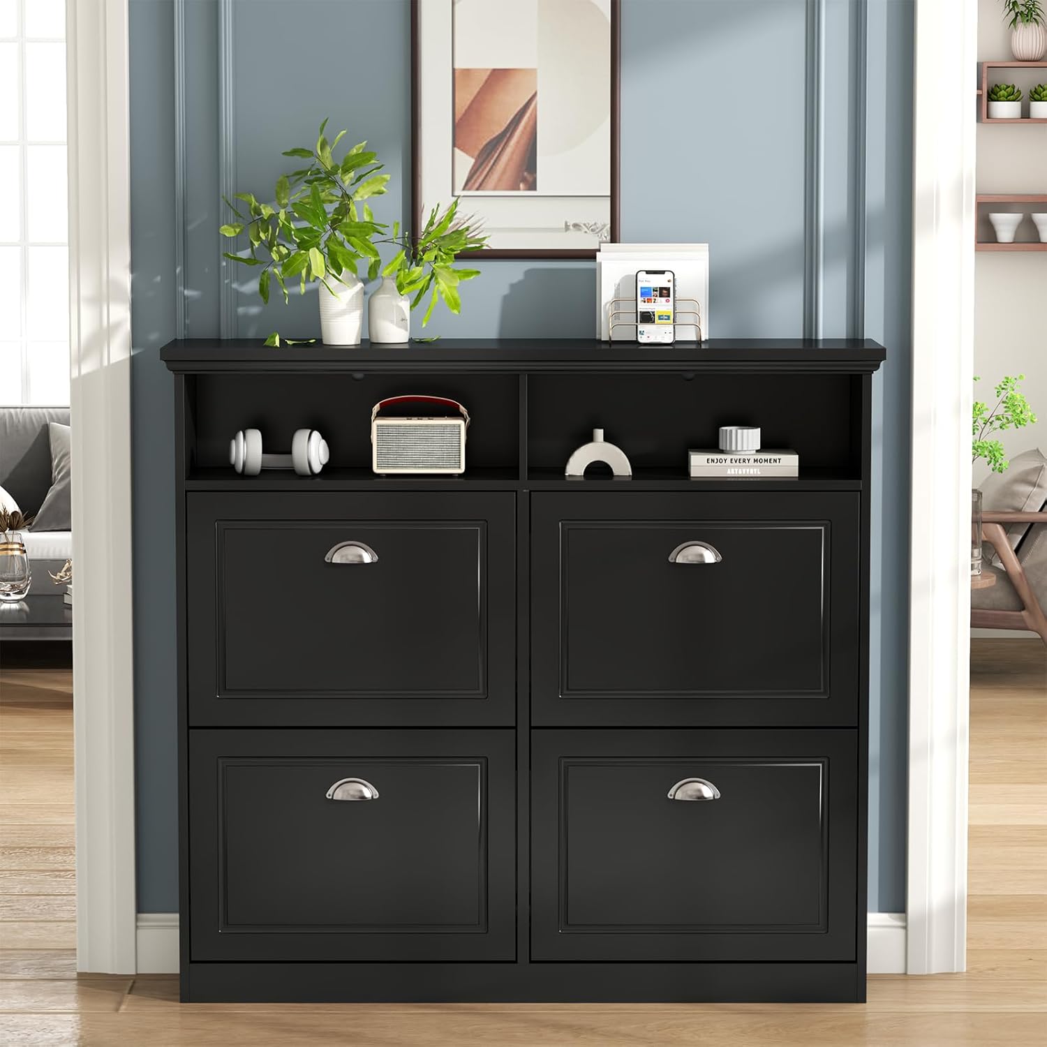 Shoe Cabinet with 4 Flip Drawers, Shoe Storage Cabinet for Entryway, Freestanding Hidden Shoe Cabinet Organizer with Open Storage, Slim Narrow Shoe Rack Cabinet (Black)