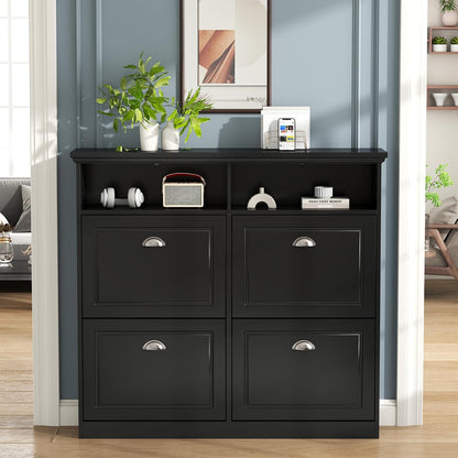 Shoe Cabinet with 4 Flip Drawers, Shoe Storage Cabinet for Entryway, Freestanding Hidden Shoe Cabinet Organizer with Open Storage, Slim Narrow Shoe Rack Cabinet (Black)