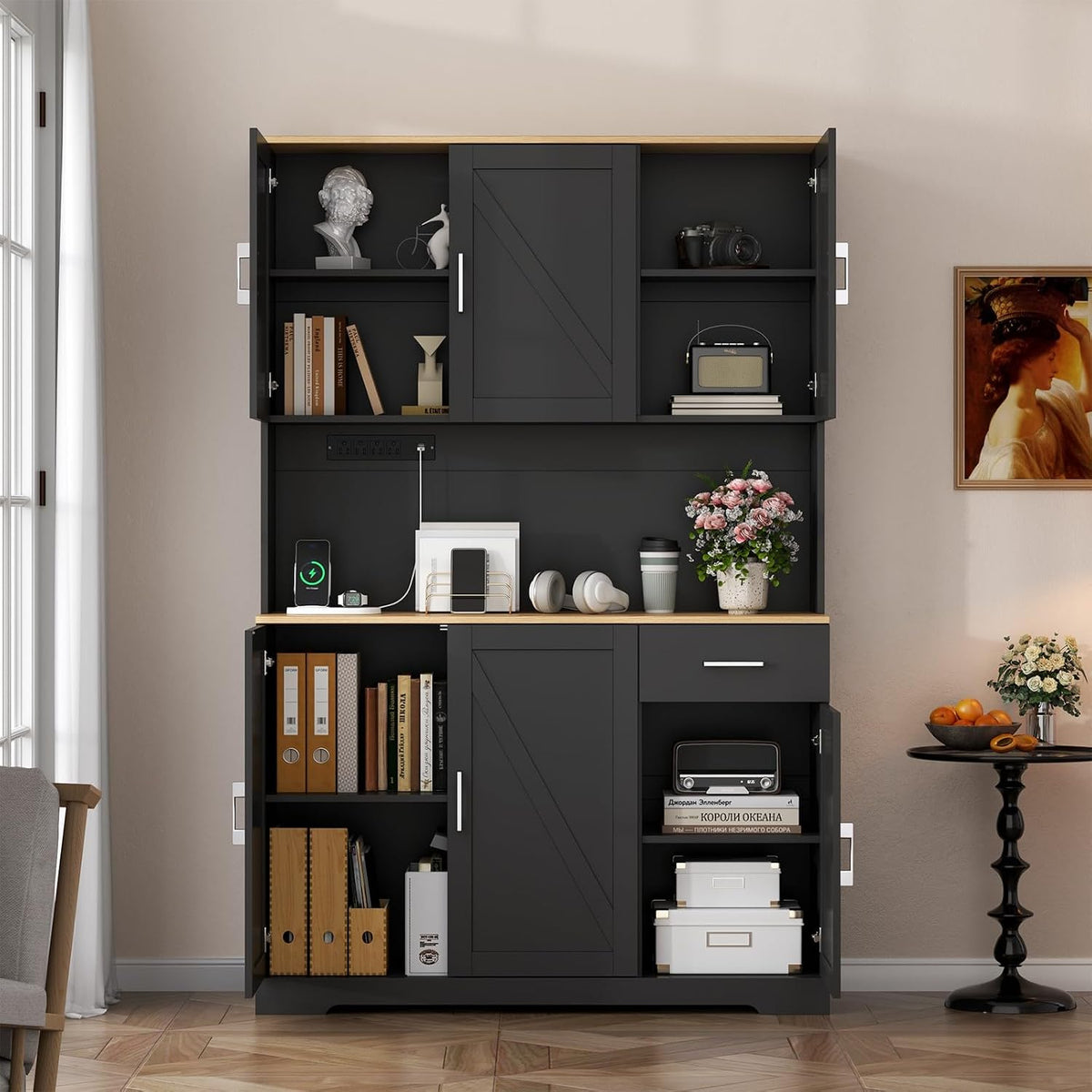 Gyfimoie 71’’ Farmhouse Kitchen Pantry Cabinet, Tall Storage Cabinet with Power Outlet, Freestanding Hutch with Drawer, 4 Adjustable Shelf & 6 Doors for Kitchen Living Room (Black)
