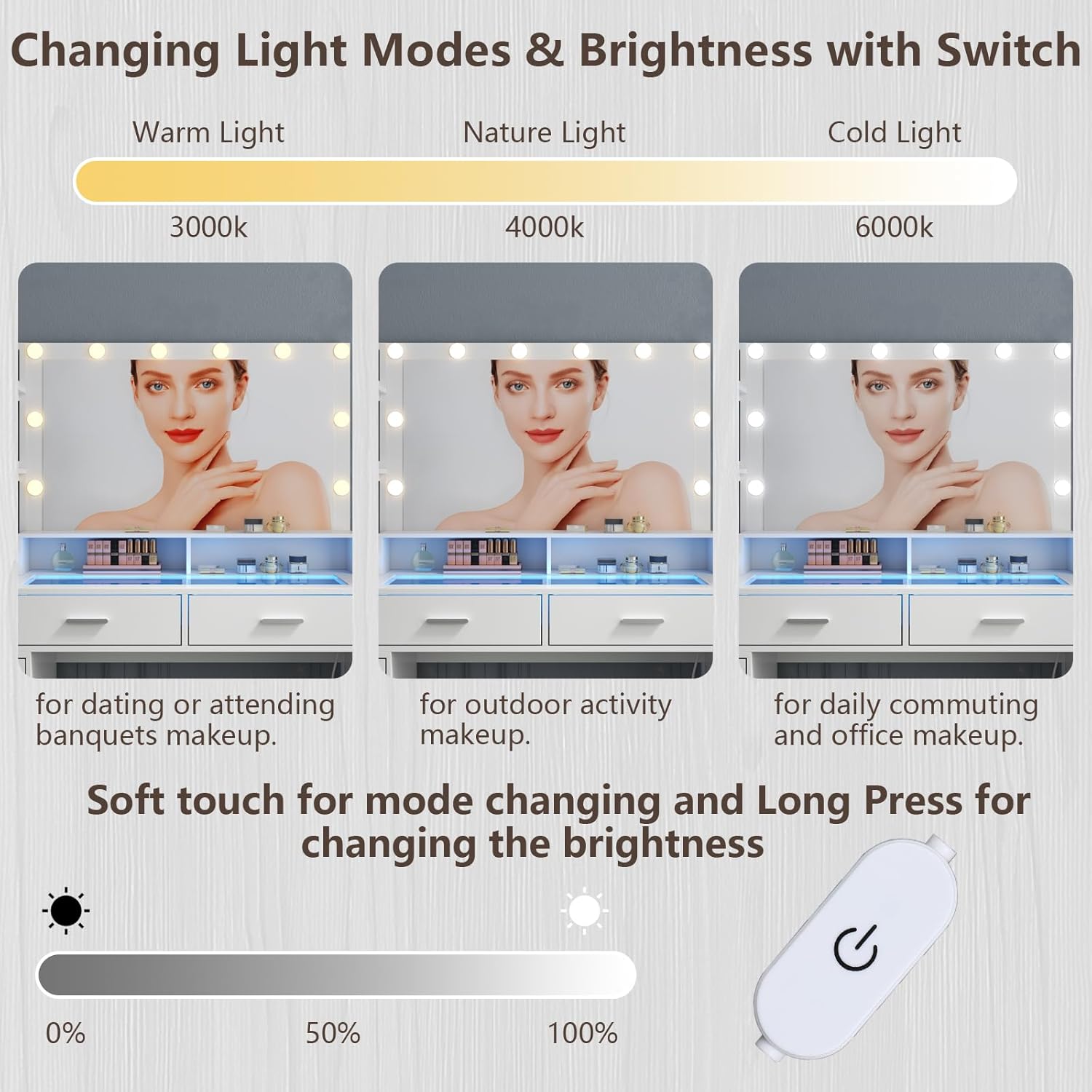 White Vanity Desk with Mirror and Lights, 8 Drawer Makeup Vanity Table with Glass Top, Power Outlets and RGB Lights, Women & Girls Dressing Table with Lighted Mirror（Stool Not Included）