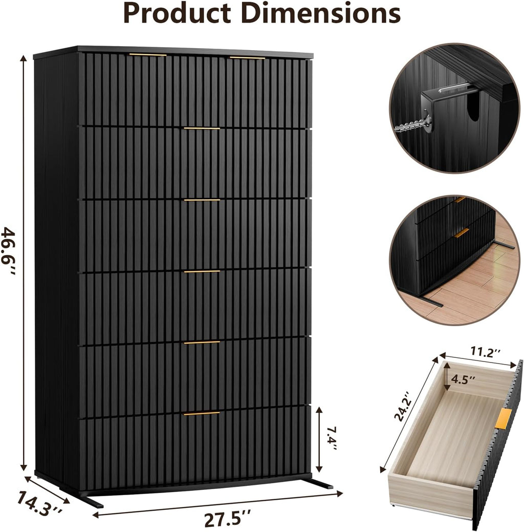 Tall Black Dresser with 6 Drawers, Fluted Chest of Drawers with Curved Tabletop, Black and Gold Vertical Dresser with Metal Handle, Modern Storage Wooden Dressers for Bedroom, Living Room (Black)