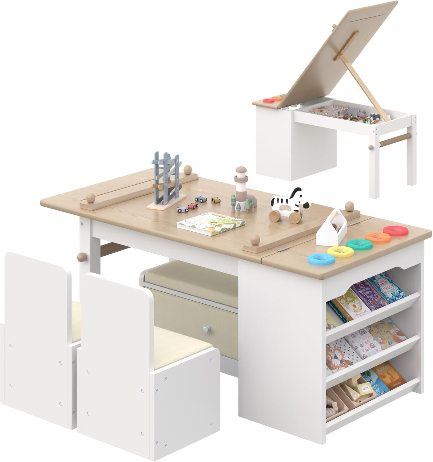 3 in 1 Kids Art Table and Chair Set, Art Desk & Easel w/ Storage Shelves, Drawers, Paint Cups, Paper Roll, Toddler Table and Chair Set w/ Bench & 2 Chairs for Draw, Write, Play, Crafts (Light Walnut)