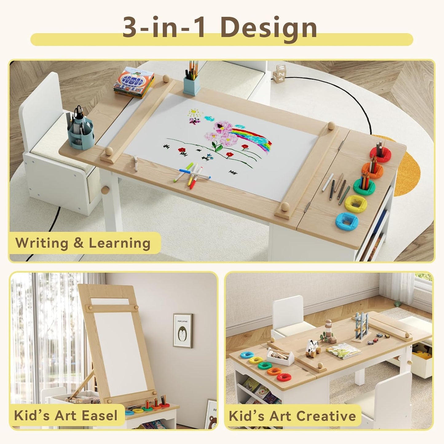 3 in 1 Kids Art Table and Chair Set, Art Desk & Easel w/ Storage Shelves, Drawers, Paint Cups, Paper Roll, Toddler Table and Chair Set w/ Bench & 2 Chairs for Draw, Write, Play, Crafts (Light Walnut)