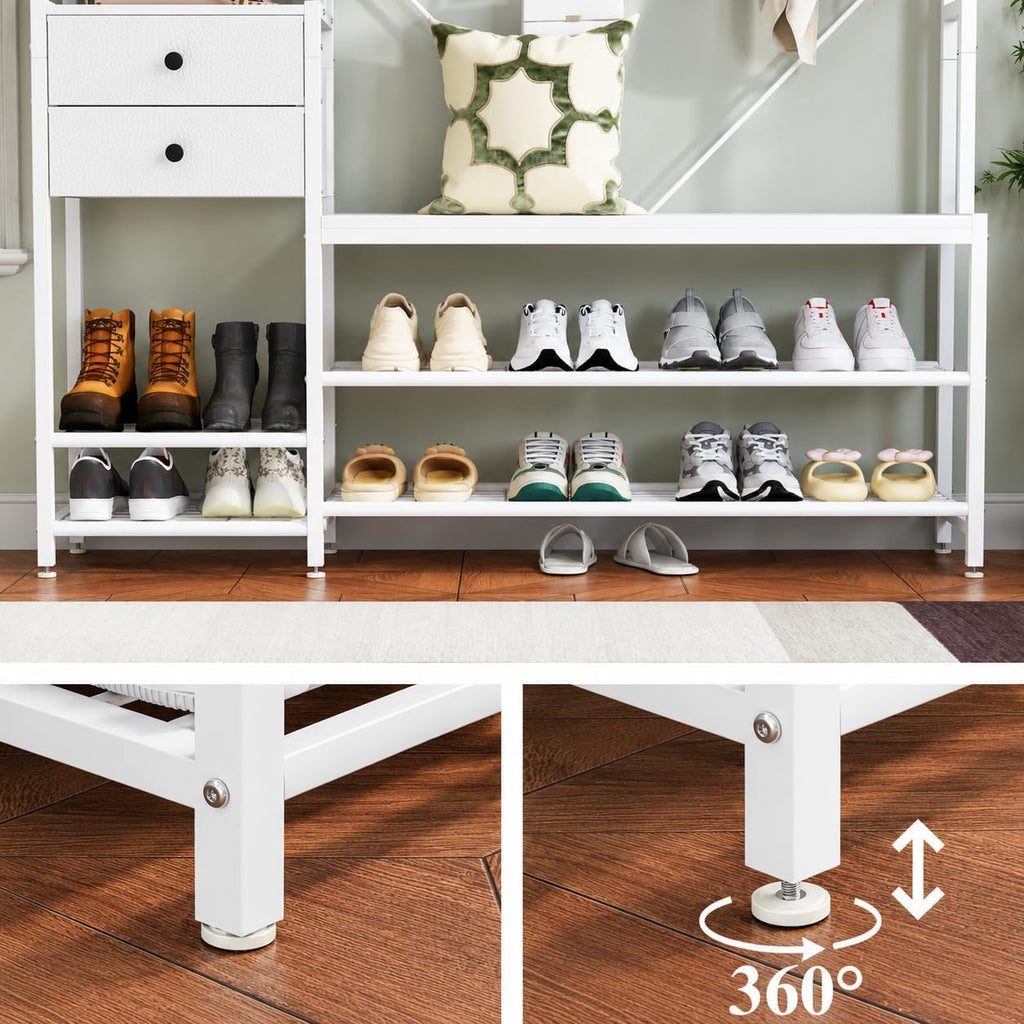 White Hall Tree with Bench and Shoe Storage, 55" Wide Entryway Coat Rack