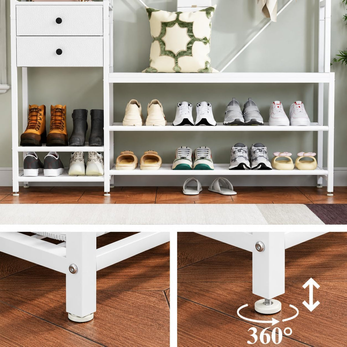 White Hall Tree with Bench and Shoe Storage, 55" Wide Entryway Coat Rack
