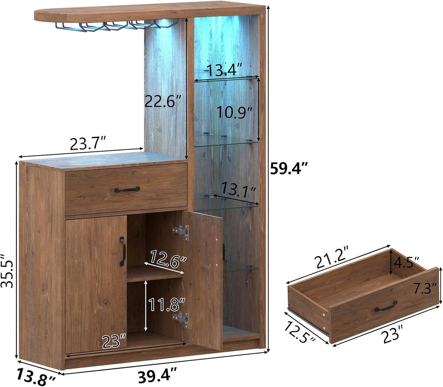 Bar Cabinet with LED Light,Wine Cabinet with Wine Glass Holder,Liquor Cabinet with Glass Display Cabinet,Coffee Bar with Storage and 2 Drawers,Bar Island for Home Dining Room (Vintage Brown)