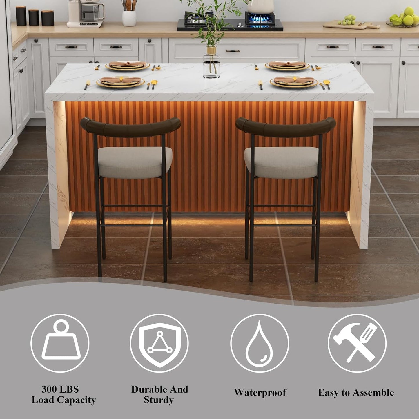 63" Large Imitation Marble Dining Table for 4-6 People(Patent Pending), Island Table with LED Lights, Mordern Marble Stripes Kitchen Dining Table with Grille design for Dining Room,Living Room,White