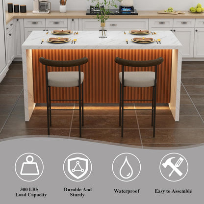 63" Large Imitation Marble Dining Table for 4-6 People(Patent Pending), Island Table with LED Lights, Mordern Marble Stripes Kitchen Dining Table with Grille design for Dining Room,Living Room,White