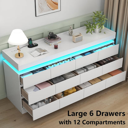 Extra Large 6 Drawer Dresser with 12 Compartments, Dresser with Power Outlet & LED Light, Modern Chest of Drawers, Double Wide Drawer Organizer Cabinet for Bedroom, Living Room, Entryway (White)
