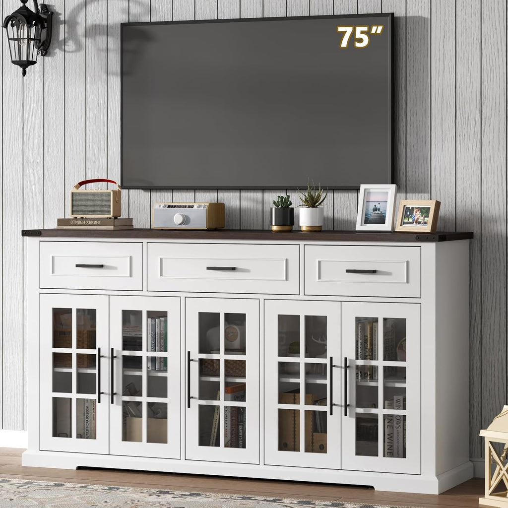 63" Large Buffet Sideboard Cabinet with Storage, Farmhouse Buffet Table with 3 Drawers & 5 Glass Doors, Modern Coffee Bar Wine Bar Cabinet with Adjustable Shelves for Kitchen, Dining Room, White