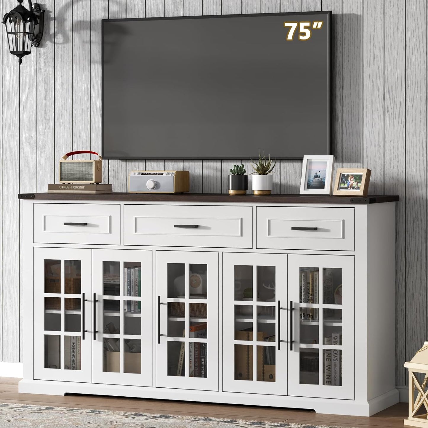 63" Large Buffet Sideboard Cabinet with Storage, Farmhouse Buffet Table with 3 Drawers & 5 Glass Doors, Modern Coffee Bar Wine Bar Cabinet with Adjustable Shelves for Kitchen, Dining Room, White