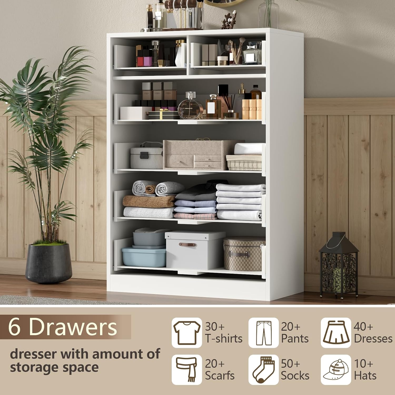 White 6 Drawer Dresser, Tall White Dresser for Bedroom, Modern Chest of Drawers for Living Room, Wooden Drawer Storage Cabinet, 5-Layer Large Capacity Clothing Organizer for Closet, Hallway