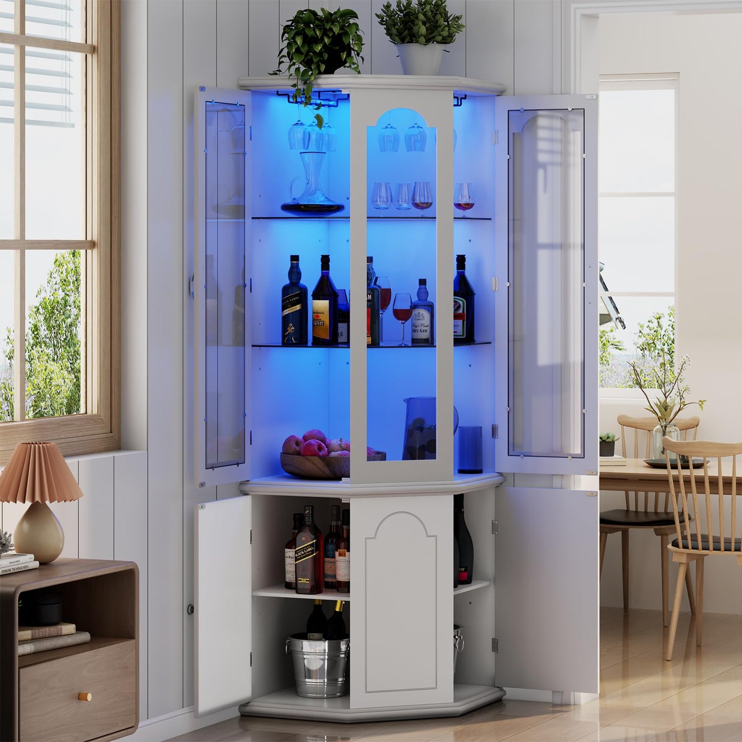 Corner Bar Cabinet w/LED Lights, Tall Modern Wine Cabinet with Tempered Glass Door & Adjustable Shelves, Home Bar Liquor Storage Cabinet with Glass Rack for Living Room, Dining Room (Black)
