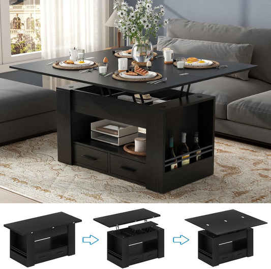 Lift Top Coffee Table, 4 in 1 Multi-Function Coffee Table with Storage Shelf and Hidden Compartment, Center Table with Large Drawers, Converts to Dining Table for Living Room, Home Office (Black)