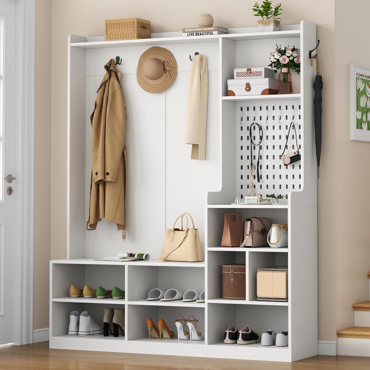 Hall Tree with Shoe Storage, Entryway Bench with Coat Rack & LED Lights, Modern Hall Trees with 9 Cubbies & 5 Hooks, Mudroom Coat Rack Cabinet, White