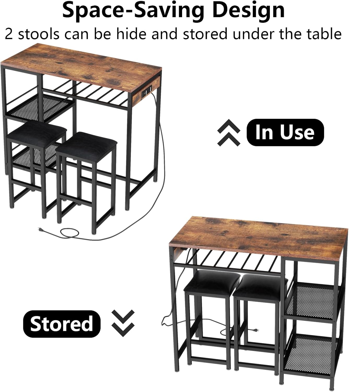 Bar Table and Chairs Set with Power Outlet, Pub Table and Chairs Set for 2 with 2 Storage Shelves, 3 Piece Table Set with Wine Rack&Glass Holder for Living Room,Dining Room,Small Apt (Rustic)