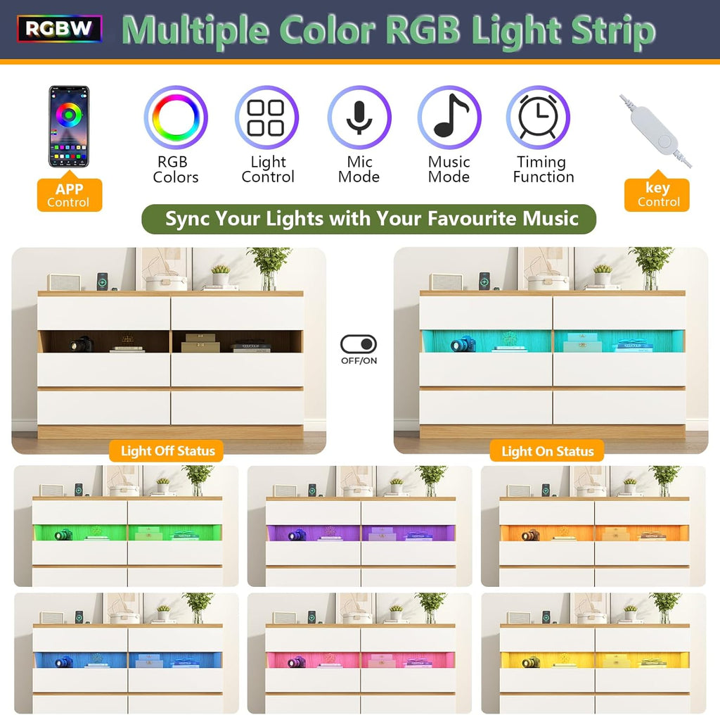 6 Drawer Dresser with Power Outlet & LED Light, Modern Chest of Drawers with 2 Open Cubbies, Double Wide Drawer Dresser Organizer, TV Stand for Bedroom, Entryway (White & Light Wood)