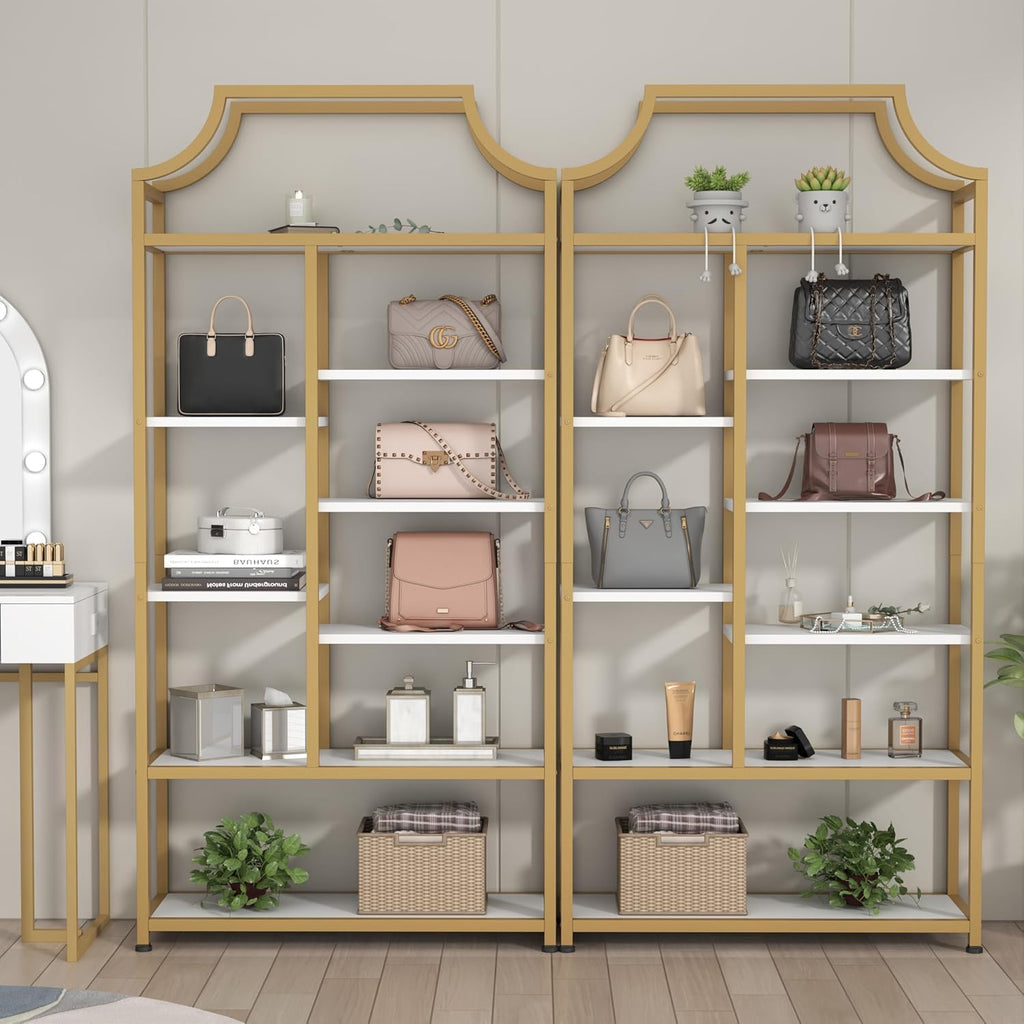 Lux Etagere 8-Tier Open Shelf Bookcase – 70.87" H x 31.5" L, Modern Metal Frame with Gold Finish & White Shelves, Tall Storage Display for Bedroom, Home Office & Living Room (Gold)