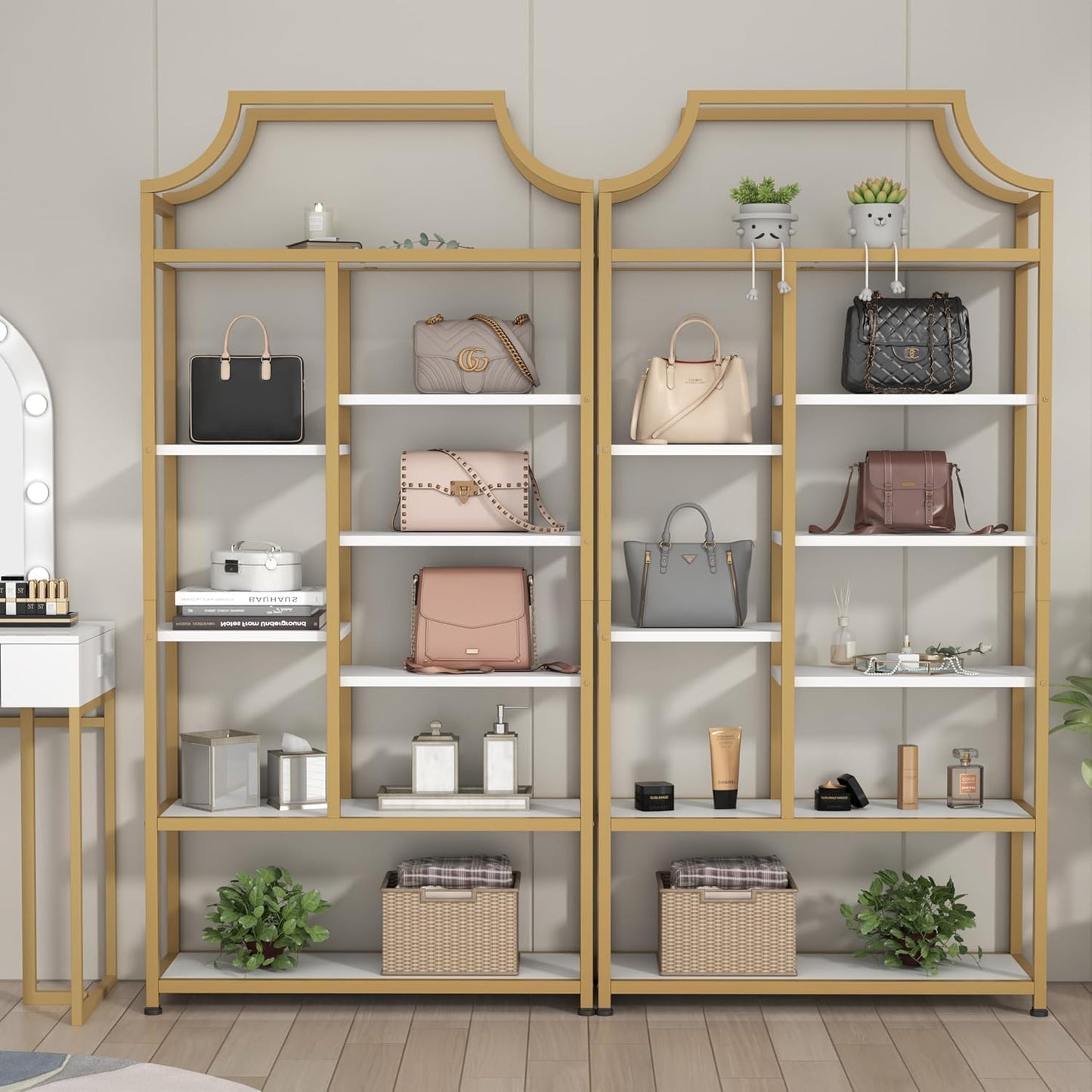 Lux Etagere 8-Tier Open Shelf Bookcase – 70.87" H x 31.5" L, Modern Metal Frame with Gold Finish & White Shelves, Tall Storage Display for Bedroom, Home Office & Living Room (Gold)