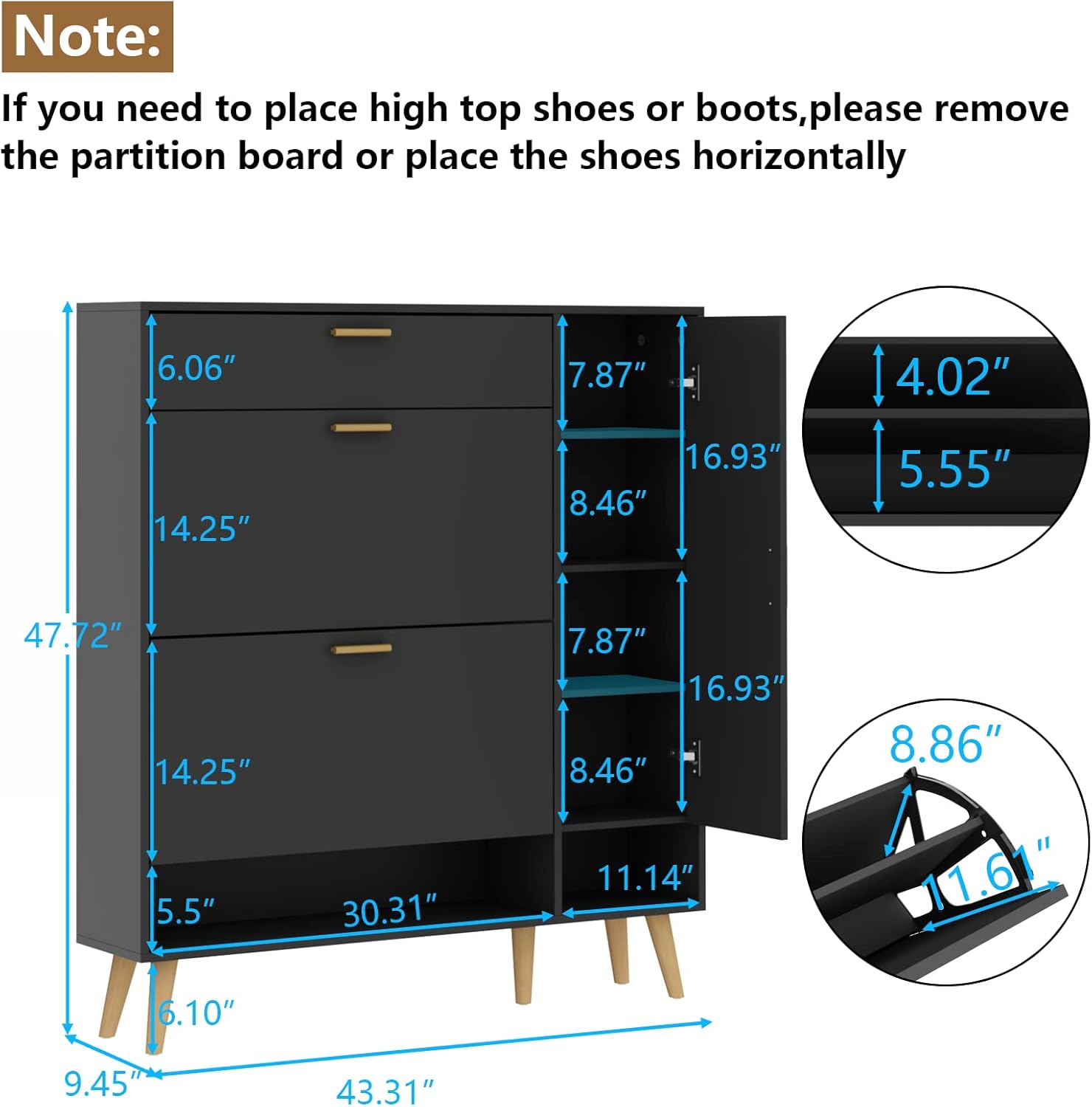 Shoe Storage Cabinets, 16 Pairs Free Standing Shoe Organizer with 2 Flip Drawers for Entryway, Narrow 3 Tier Entryway Hidden Shoe Rack with Doors (Upgraded Black)