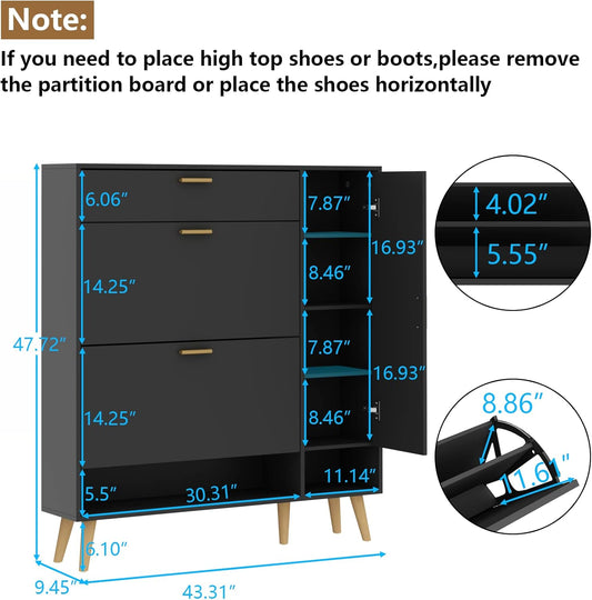 Shoe Storage Cabinets, 16 Pairs Free Standing Shoe Organizer with 2 Flip Drawers for Entryway, Narrow 3 Tier Entryway Hidden Shoe Rack with Doors (Upgraded Black)
