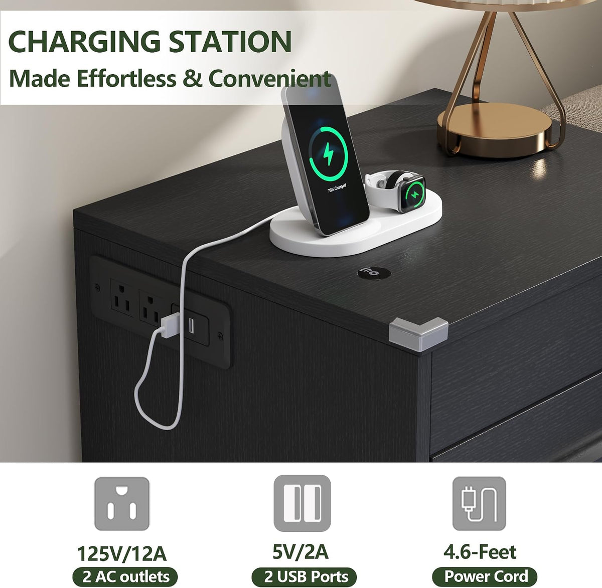 Black Nightstand Set of 2 with Charging Station & RFID Lock,LED Night Stand