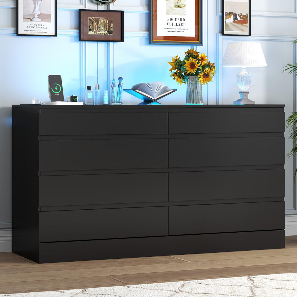 8 Drawer Dresser with Power Outlet, White Dresser for Bedroom Chest of Drawer with Glass Top & LED Light, Modern Double Wide Drawer Organizer Cabinet for Living Room (White)