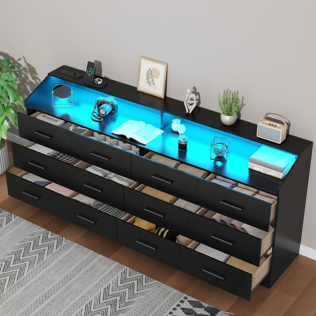 12 Drawer Dresser for Bedroom with Power Outlet,Modern Dresser w/ LED Light