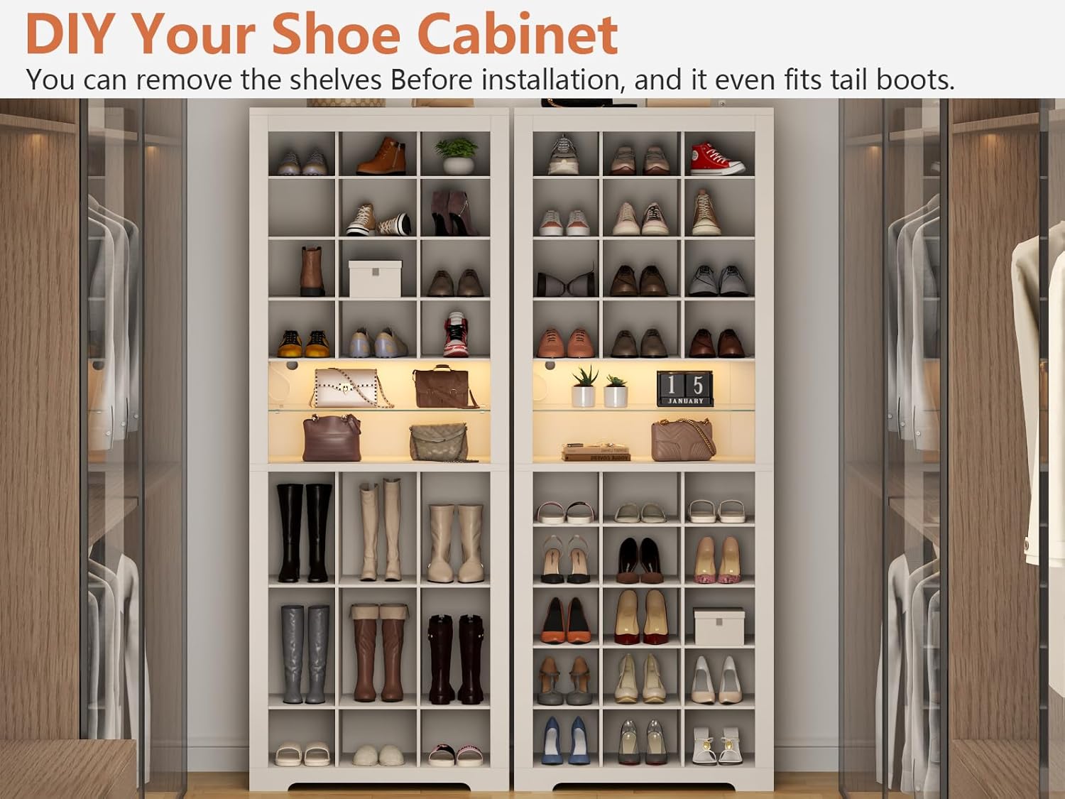 11-Tier Shoe Storage Cabinet, Wooden White Shoe Rack with 27 Cubbies, 69" Tall Free Standing Shoe Organizer with LED Lights & Adjustable Shelf for Entryway, Closet, Display Cabinet for Living Room