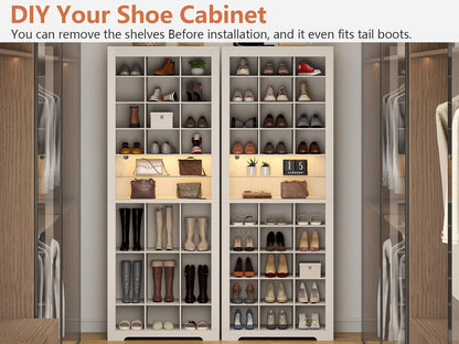 11-Tier Shoe Storage Cabinet, Wooden White Shoe Rack with 27 Cubbies, 69" Tall Free Standing Shoe Organizer with LED Lights & Adjustable Shelf for Entryway, Closet, Display Cabinet for Living Room